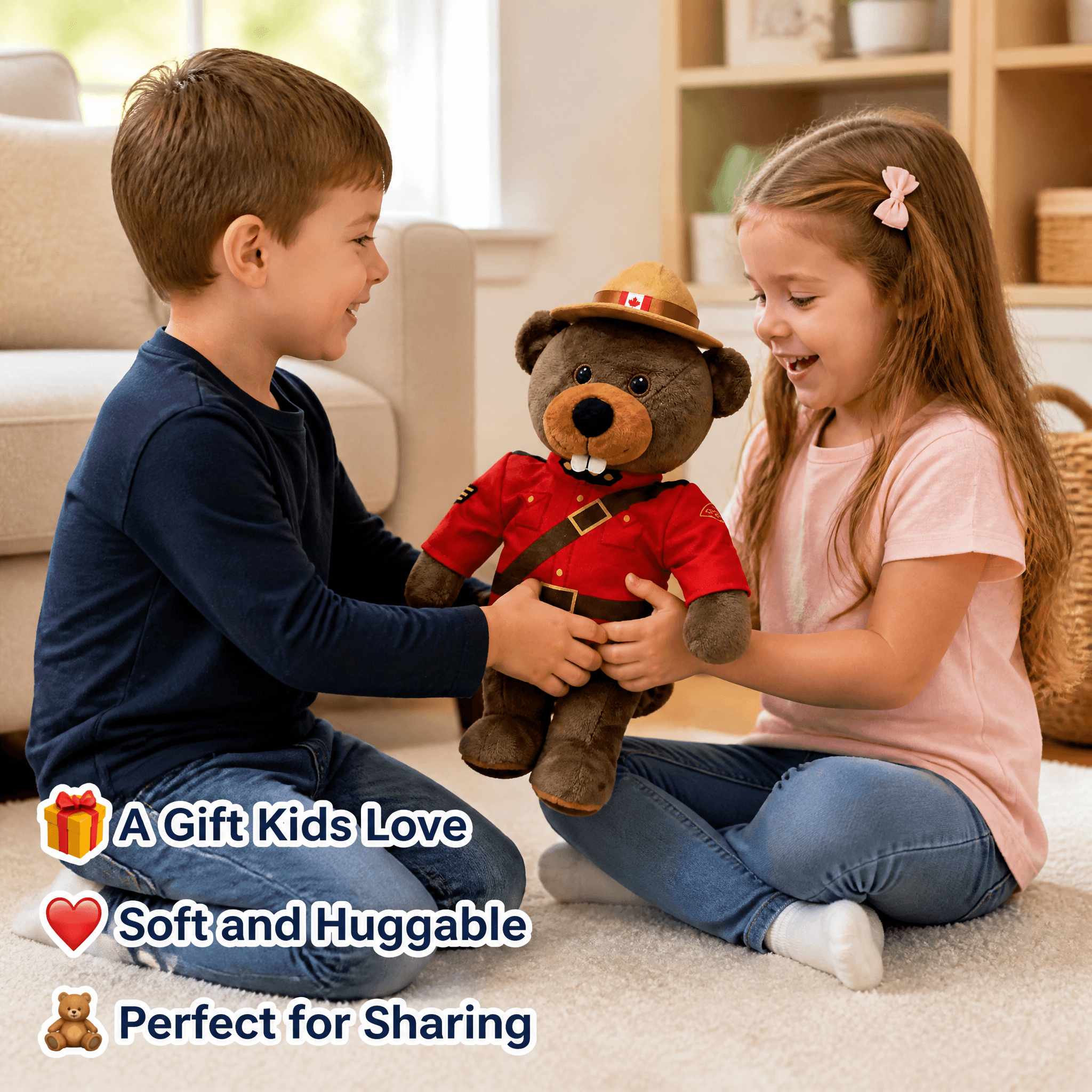 Two children holding a teddy bear in a living room setting with text about the gift's qualities.