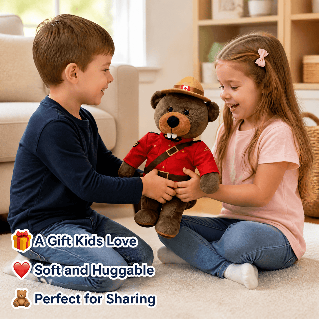 Two children holding a teddy bear in a living room setting with text about the gift's qualities.