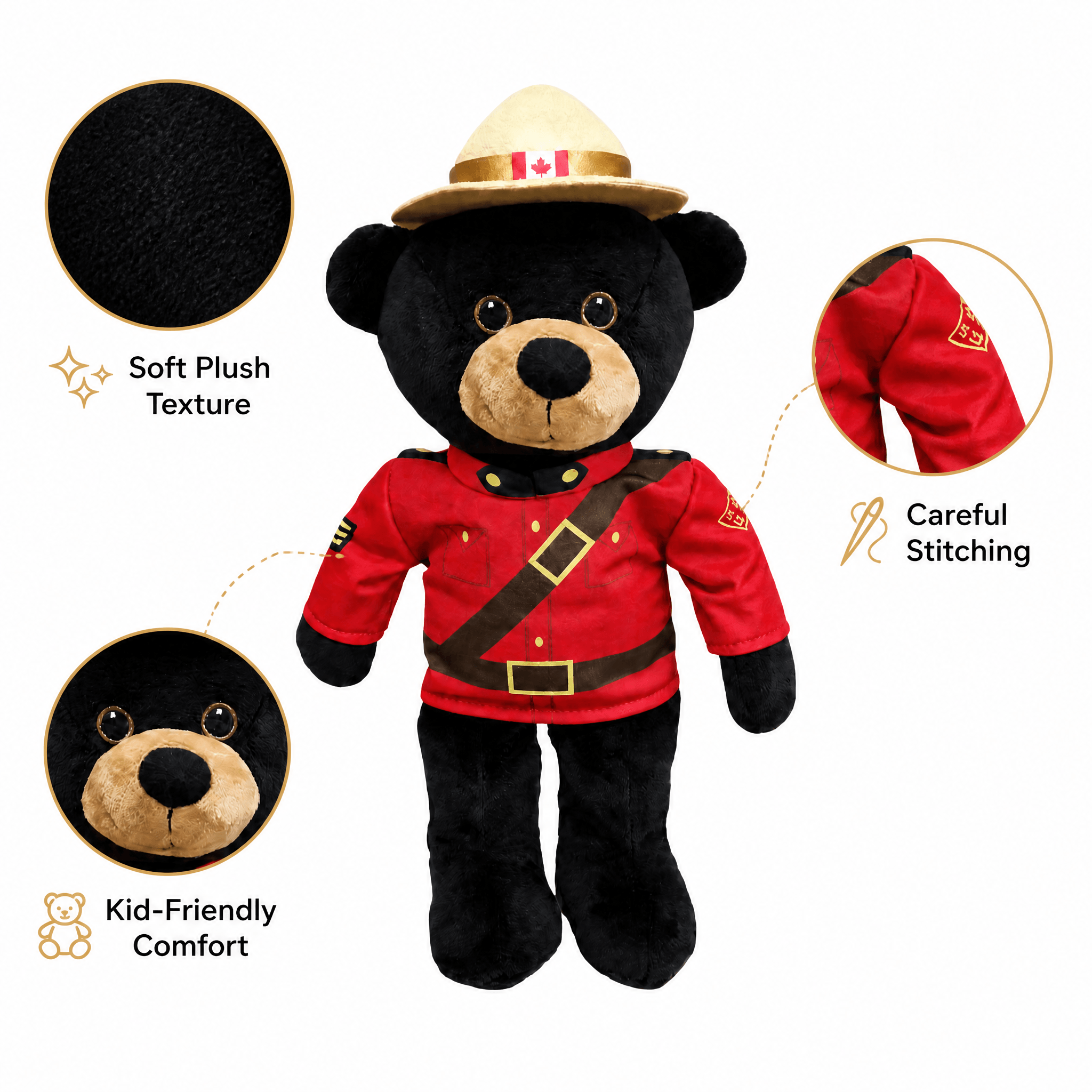 Plush bear toy in RCMP uniform with features highlighted on a white background