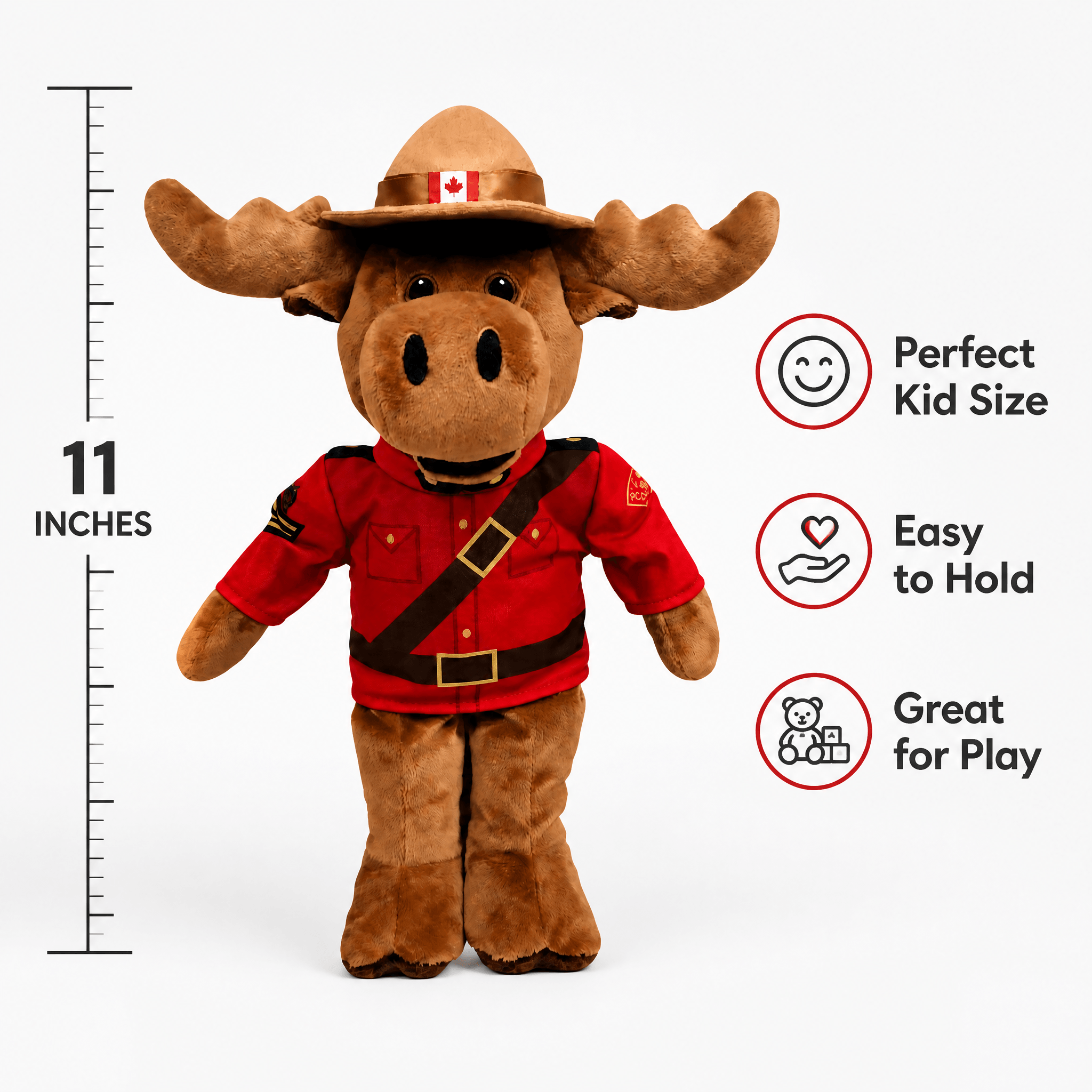 Plush moose toy in RCMP uniform with height measurement and features listed.