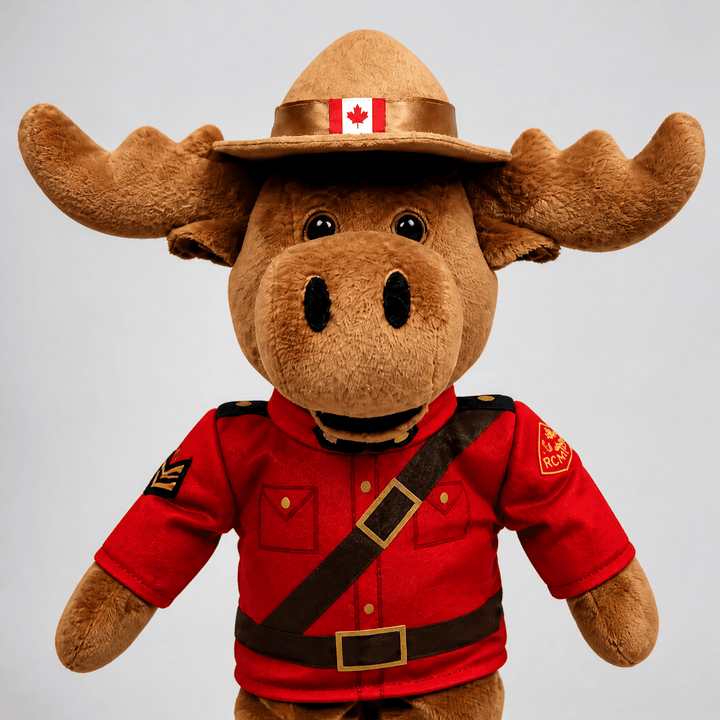 Plush moose toy wearing a red uniform and Canadian hat with flag on a gray background