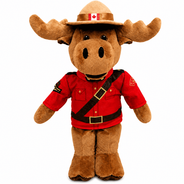 Plush moose toy wearing a red uniform and hat with a Canadian flag on a white background