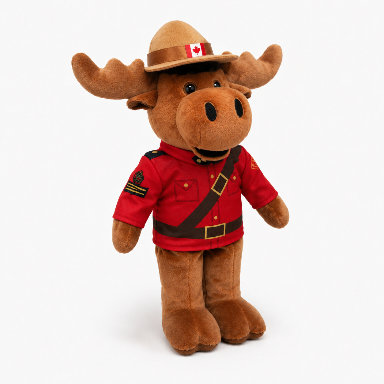 Plush moose toy wearing a red uniform with a Canadian flag on a white background