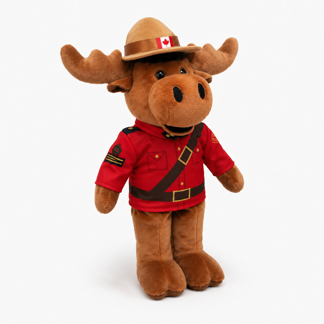 Plush moose toy wearing a red uniform with a Canadian flag on a white background