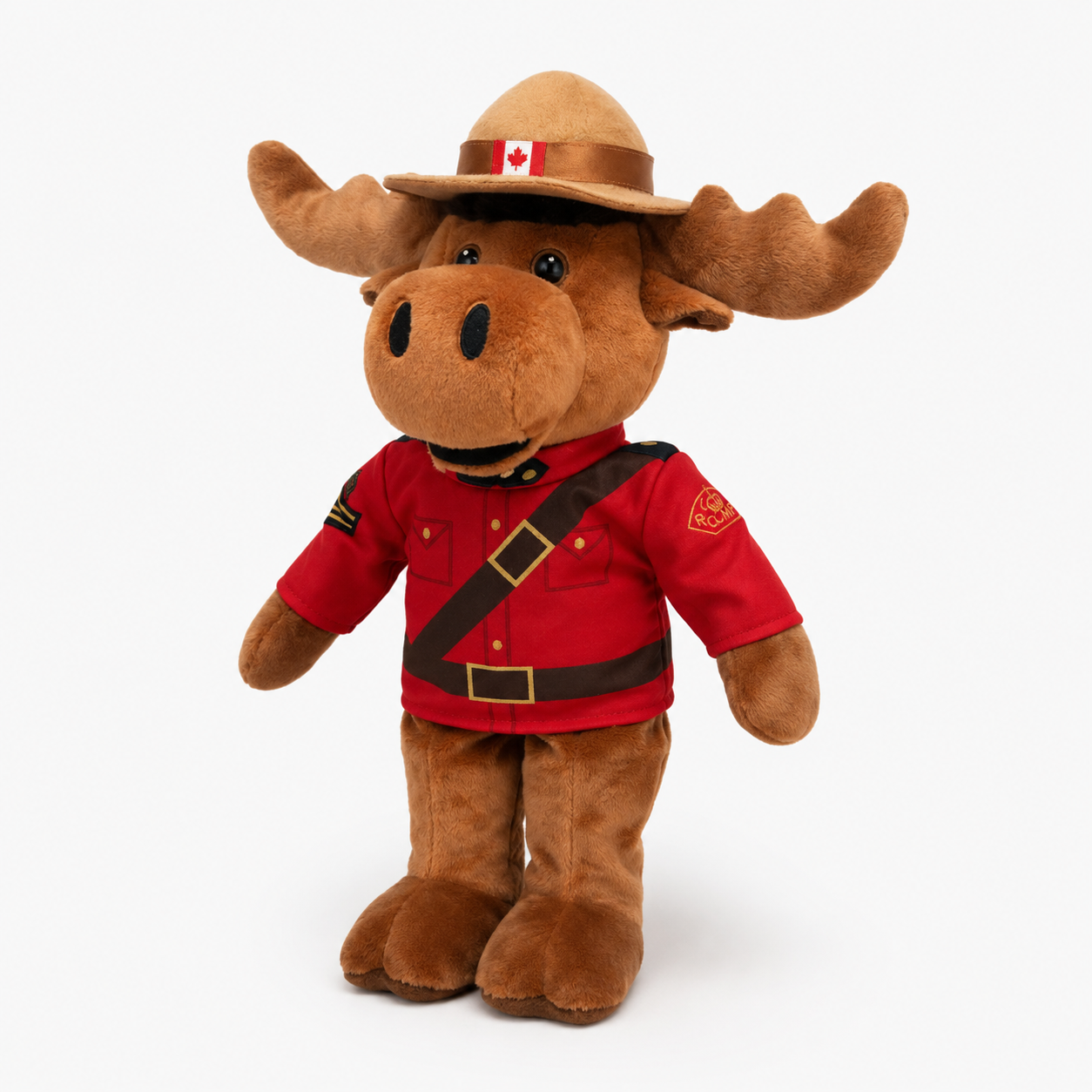 Plush moose toy wearing a red uniform and brown hat with a Canadian flag on a white background