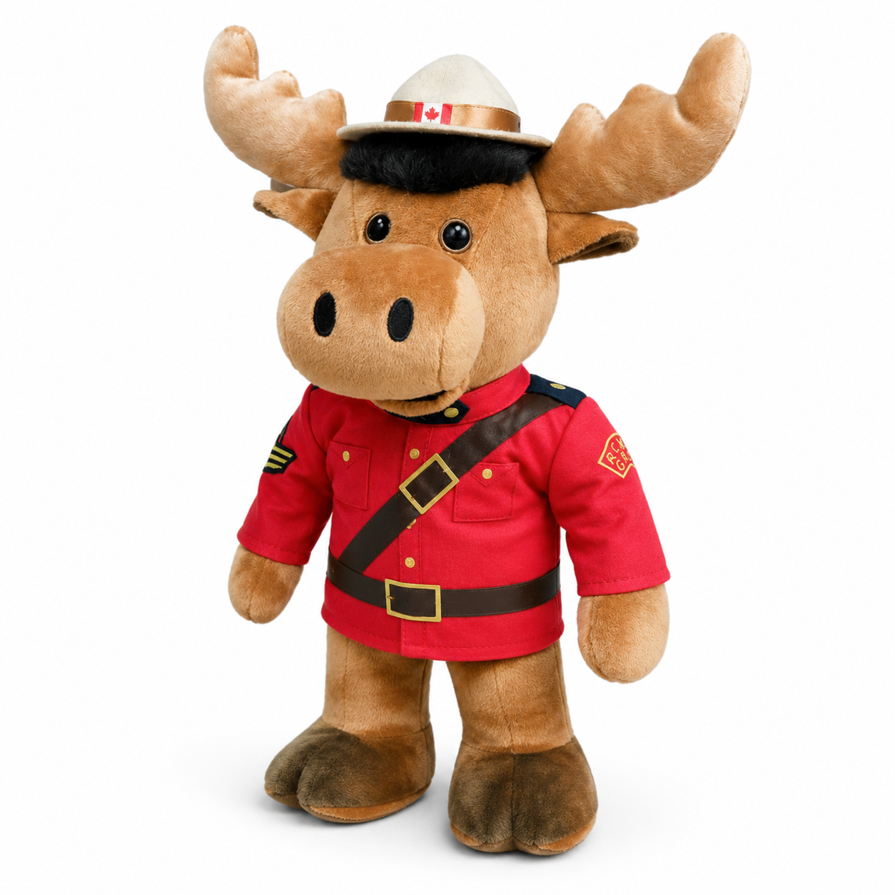 Plush moose toy wearing a red uniform and hat with a Canadian flag on a white background