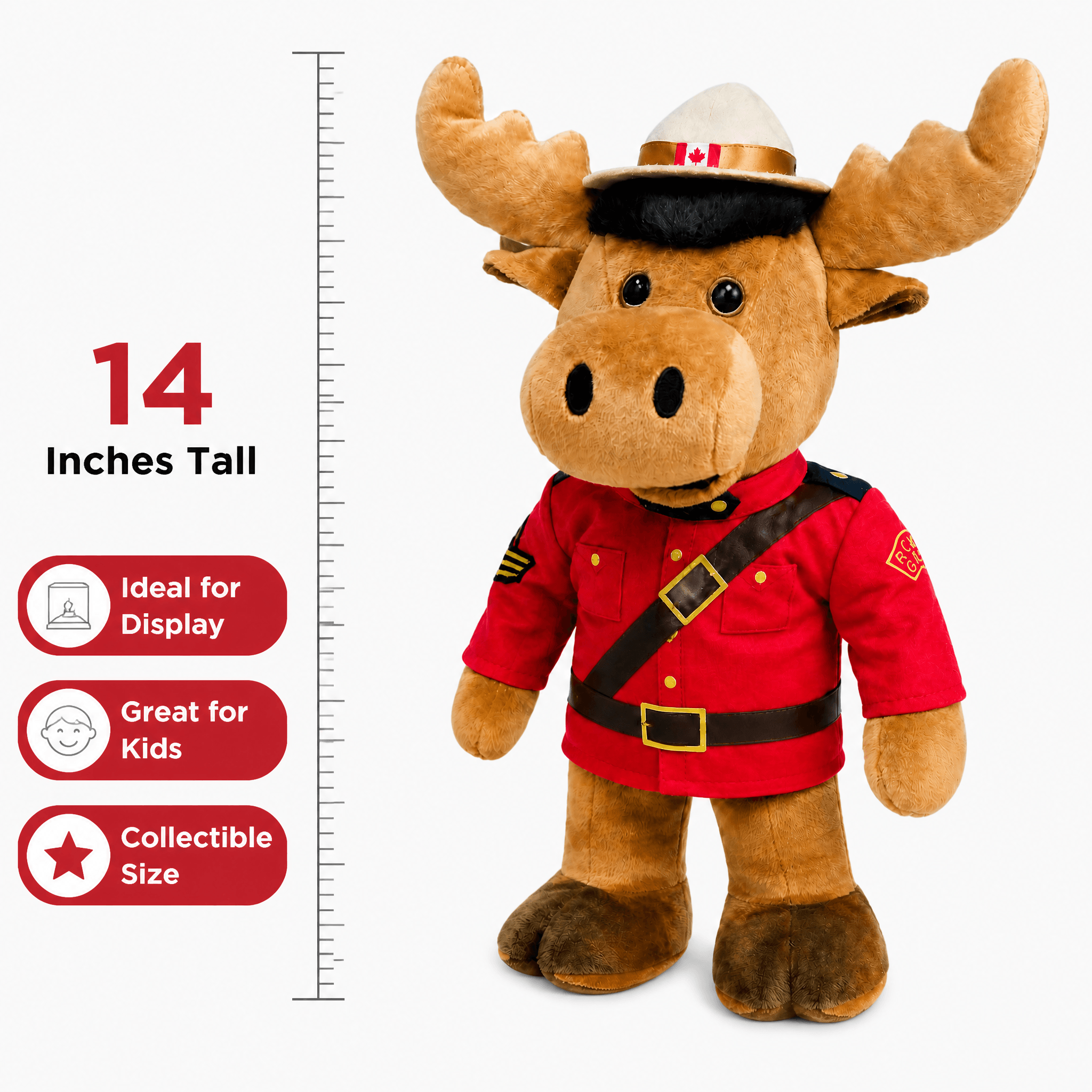Plush moose toy in RCMP uniform with height measurement and features listed.