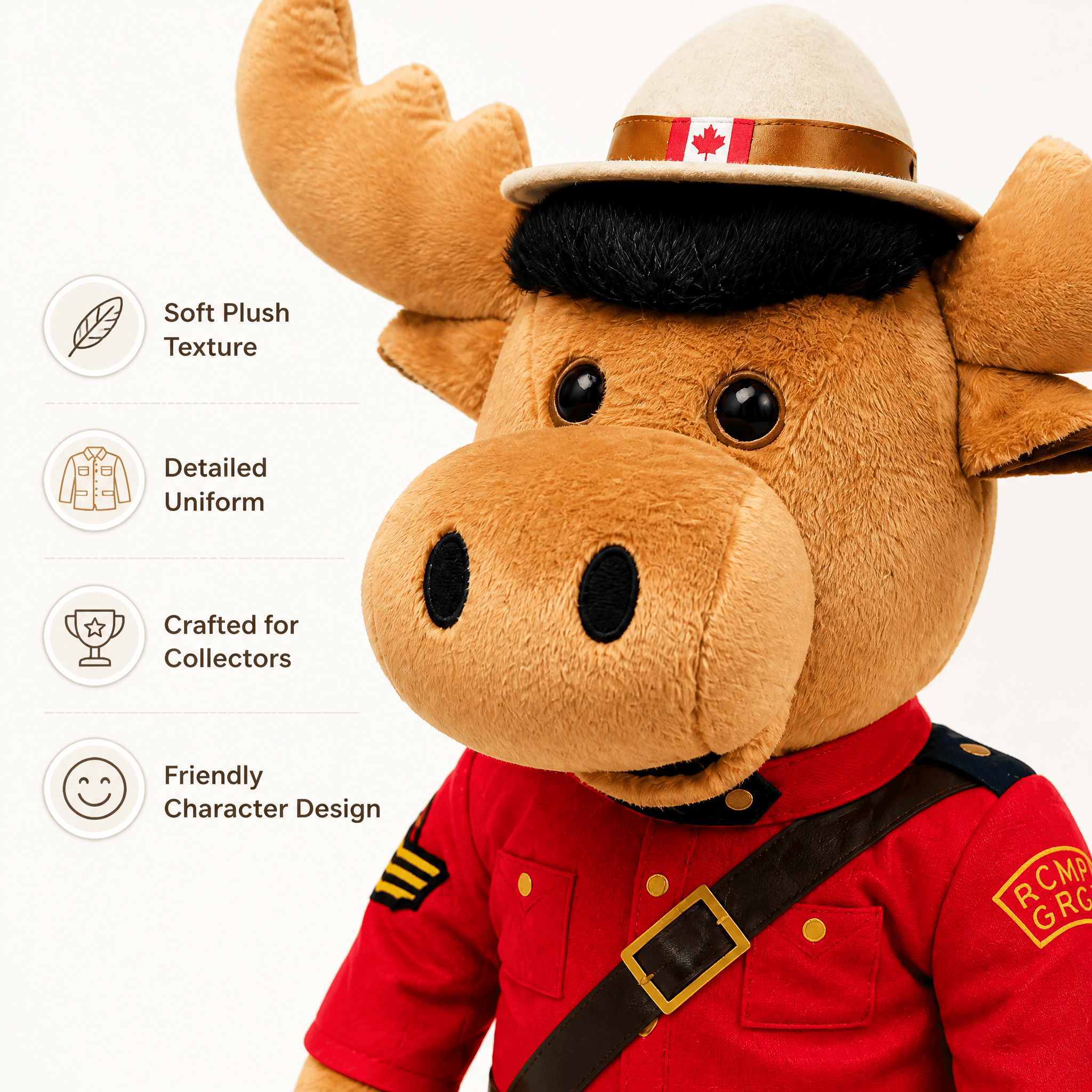 Plush moose toy in RCMP uniform with features listed on the left.