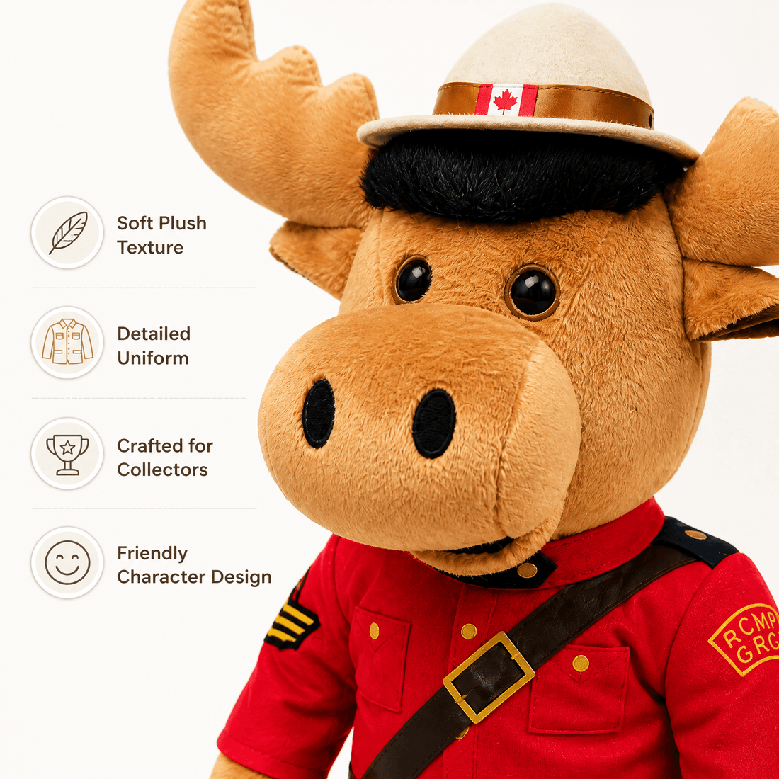 Plush moose toy in RCMP uniform with features listed on the left.