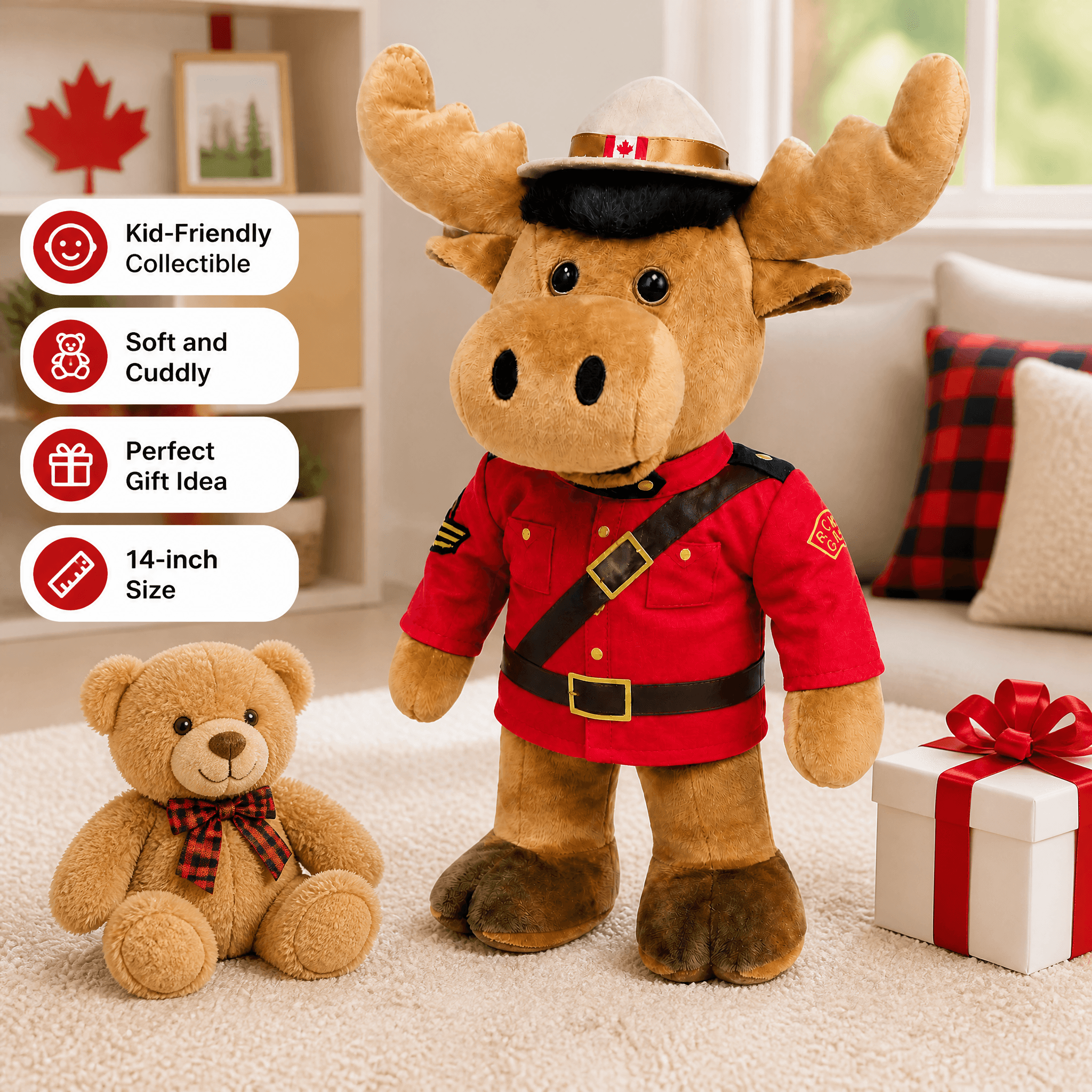 Plush moose in RCMP uniform with teddy bear and gift box in a cozy room.