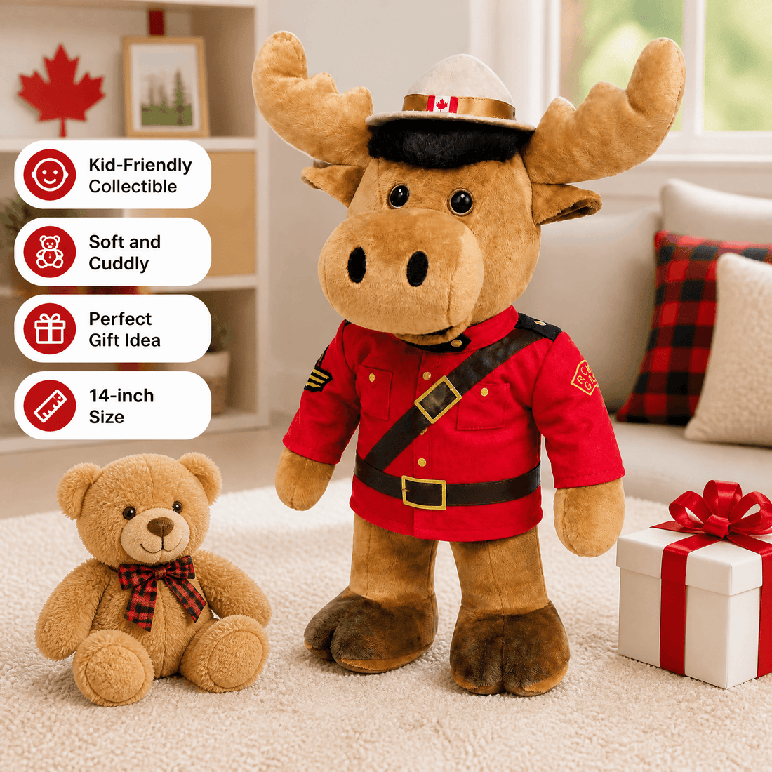 Plush moose in RCMP uniform with teddy bear and gift box in a cozy room.