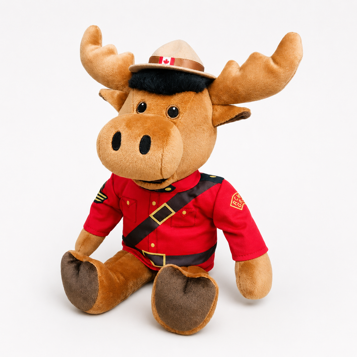 Plush moose toy wearing a red uniform and hat with a flag on a white background
