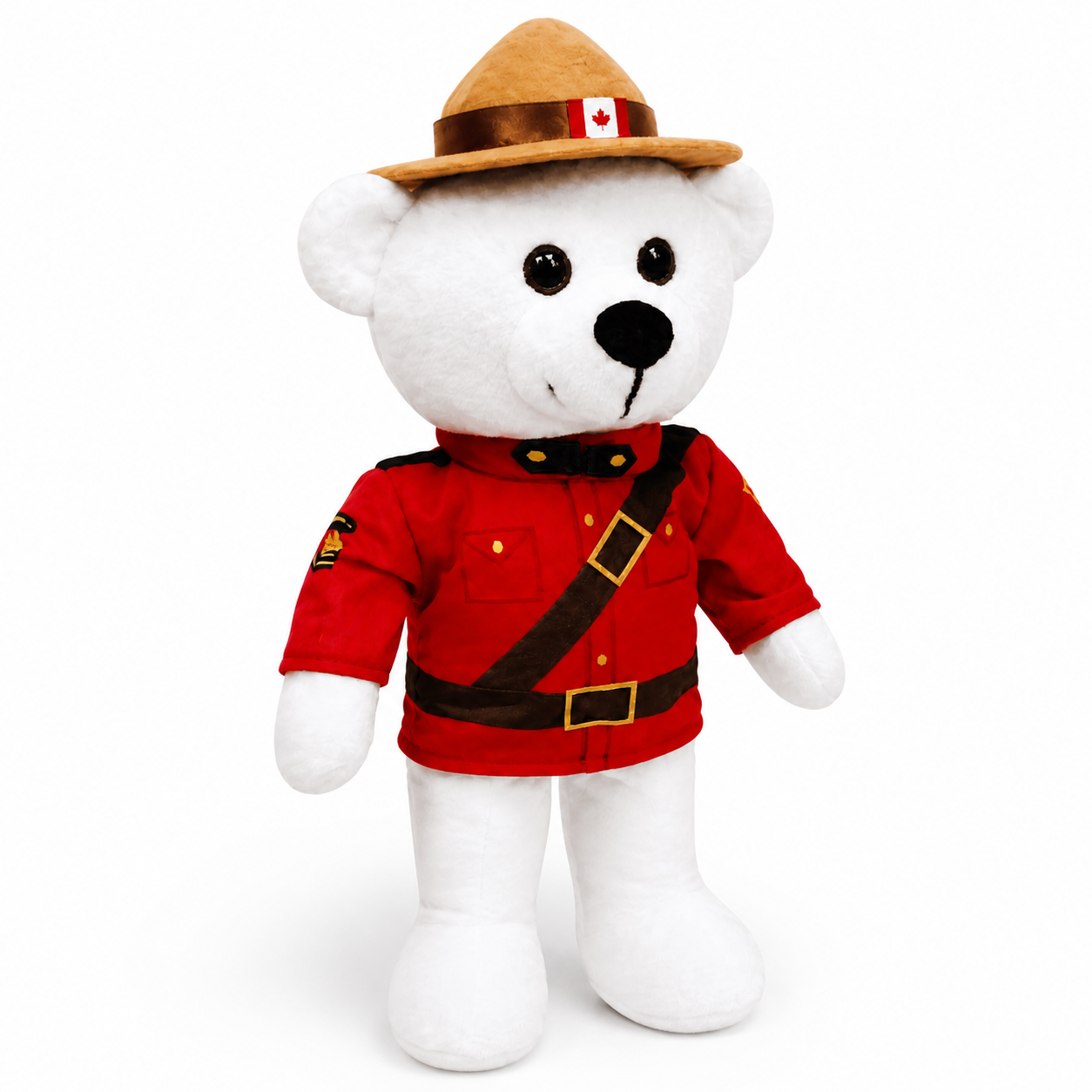 White teddy bear wearing a red Mountie uniform with a brown hat on a white background