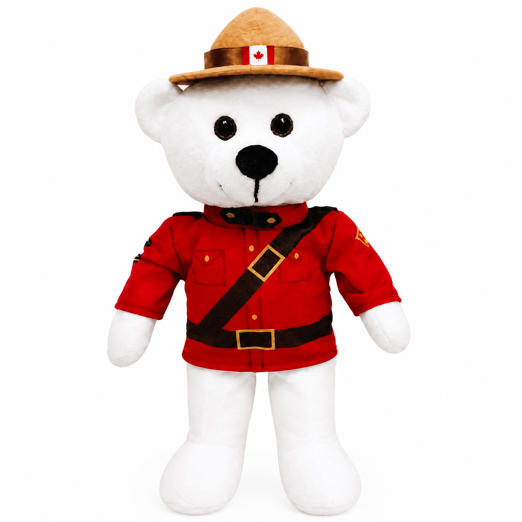 White teddy bear wearing a red Mountie uniform with a tan hat on a white background
