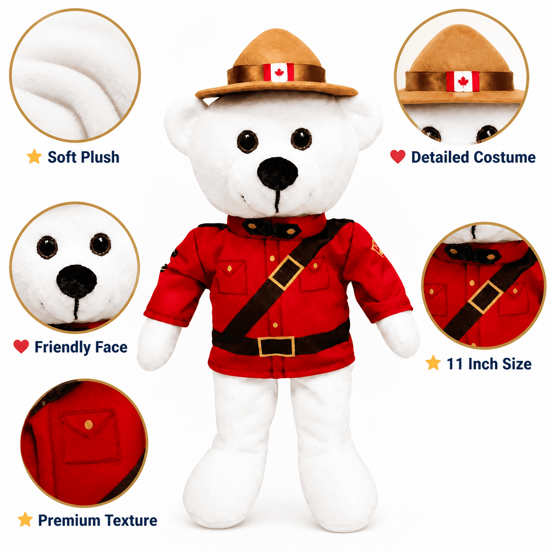 White teddy bear in RCMP uniform with detailed features and text highlighting plushiness, costume, size, and texture.