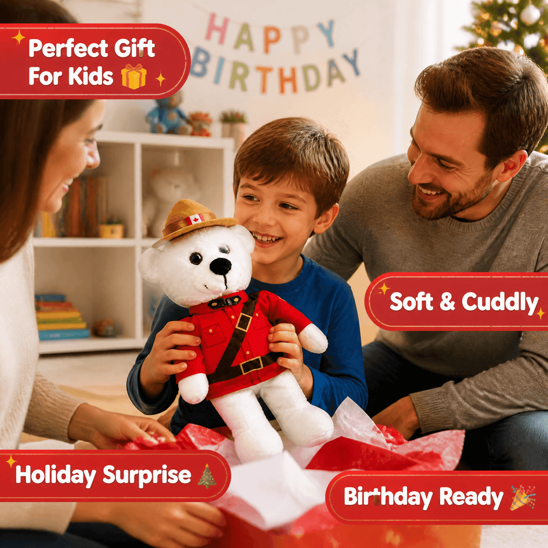Family with a child holding a teddy bear, celebrating a birthday with festive decorations.
