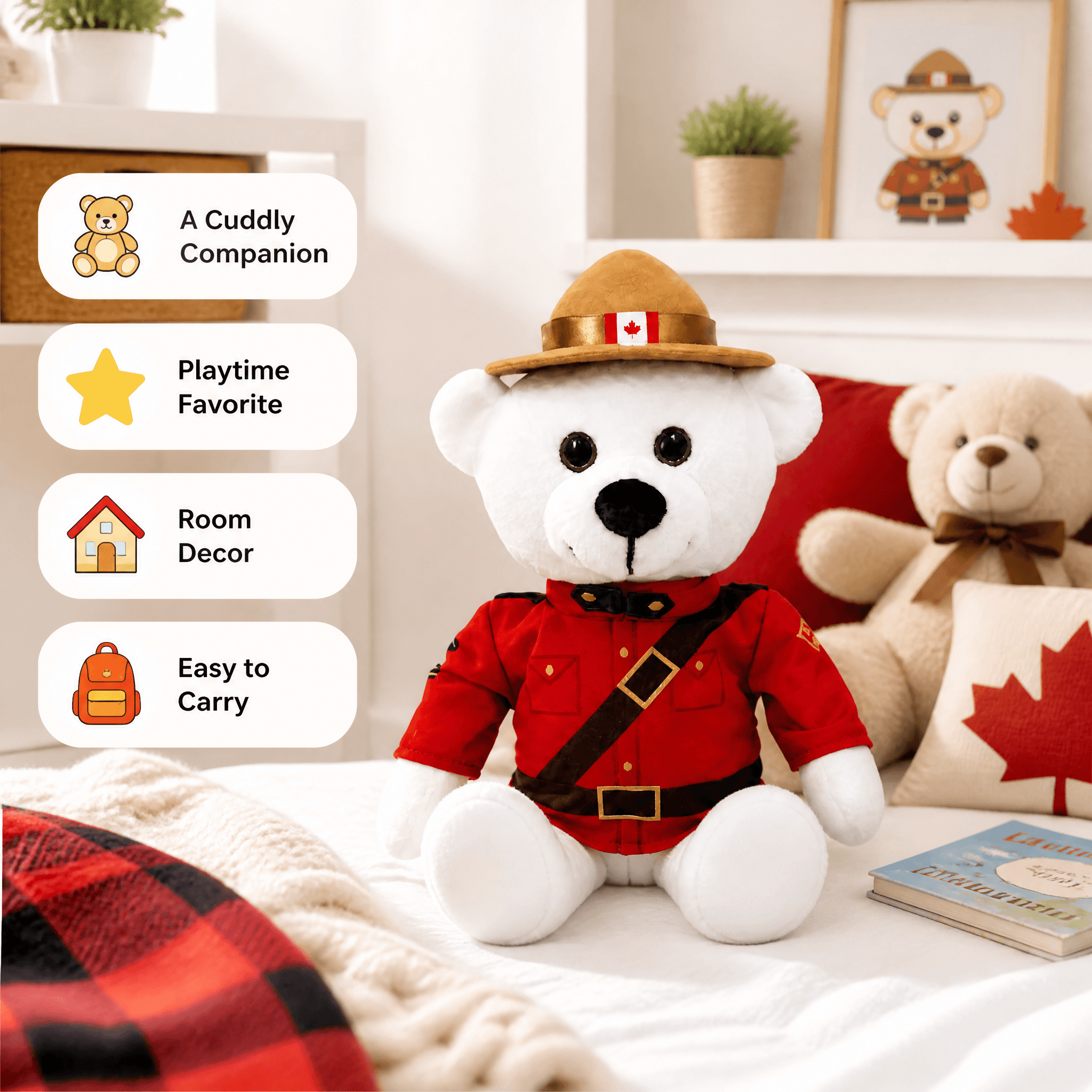White teddy bear in RCMP uniform on a bed with room decor elements.