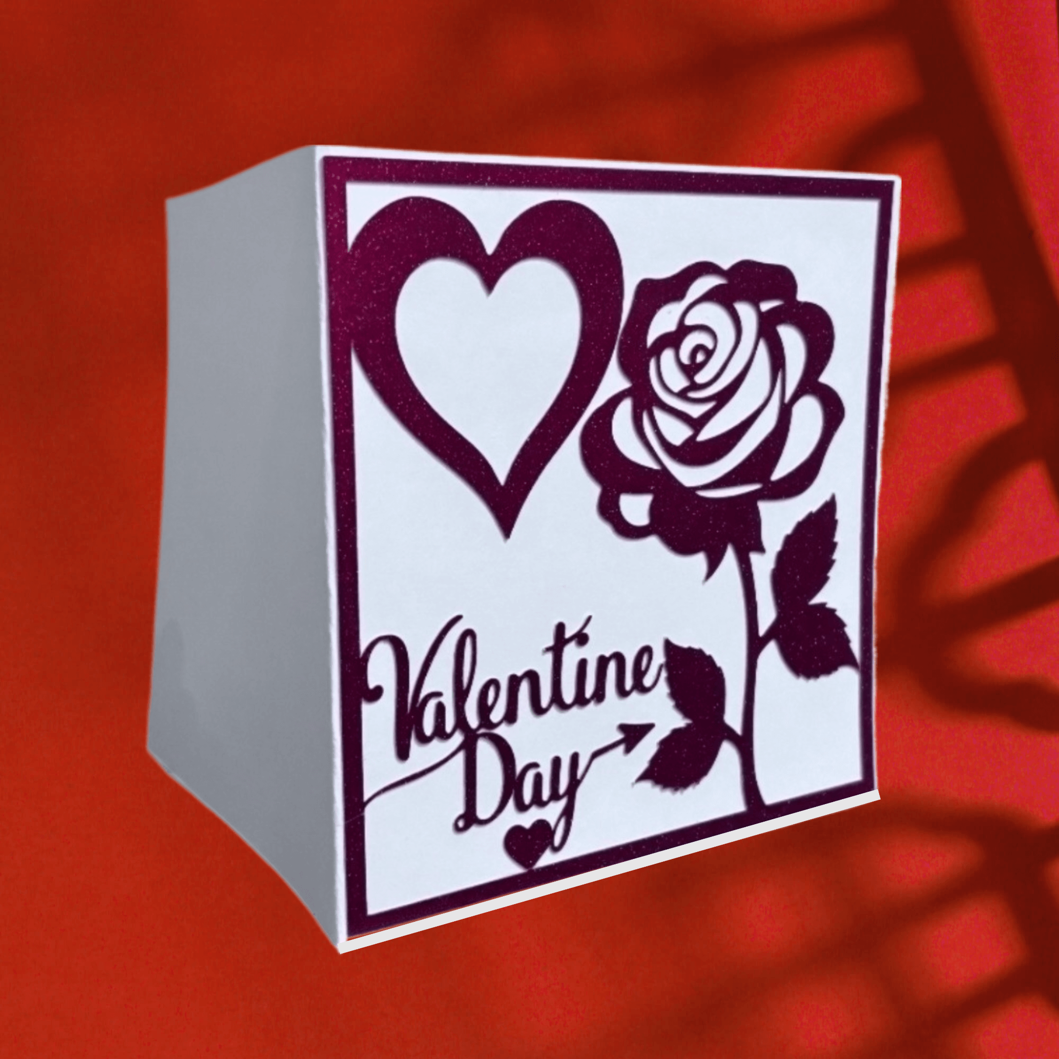 Rosy Heart Wishes Valentine's Day Card with glitter heart and rose design on white cardstock.