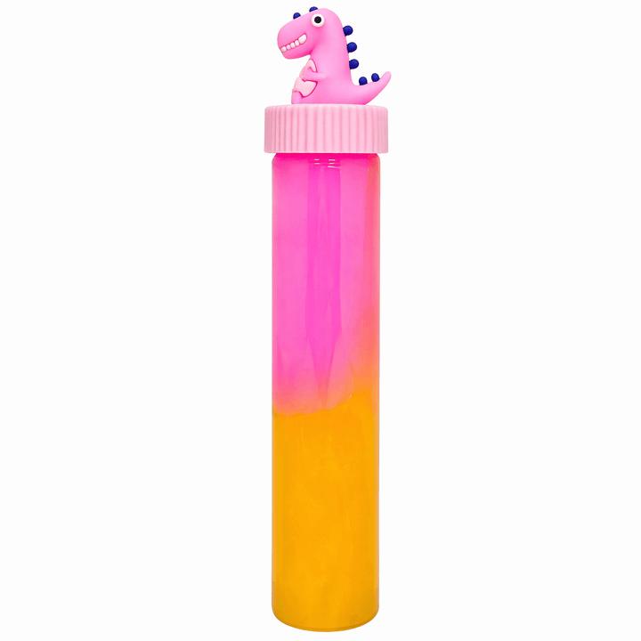 Slime Two Tone Tube with Dino – Colorful Dinosaur Slime Toy in pink and yellow tube topped with cute dinosaur figure.