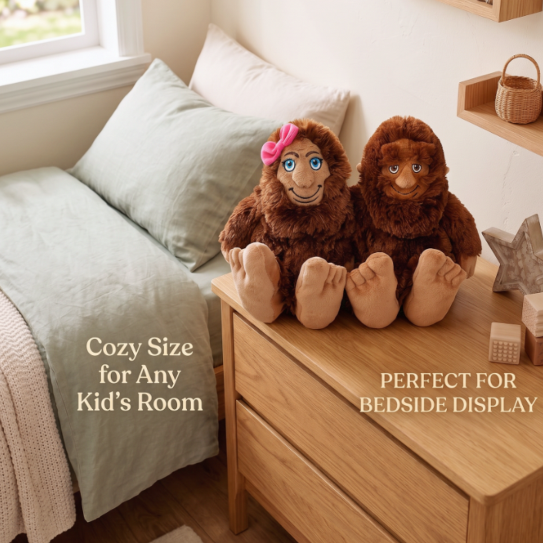 Sasquatch Sweethearts Plush Gift Set on a bedside table, featuring cozy and playful stuffed duo perfect for kids' rooms.