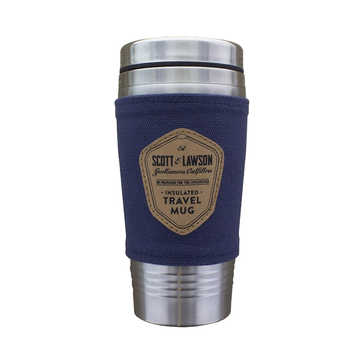 A stainless steel travel mug with a navy blue fabric sleeve featuring a tan shield-shaped patch that reads 'Scott & Lawson'.