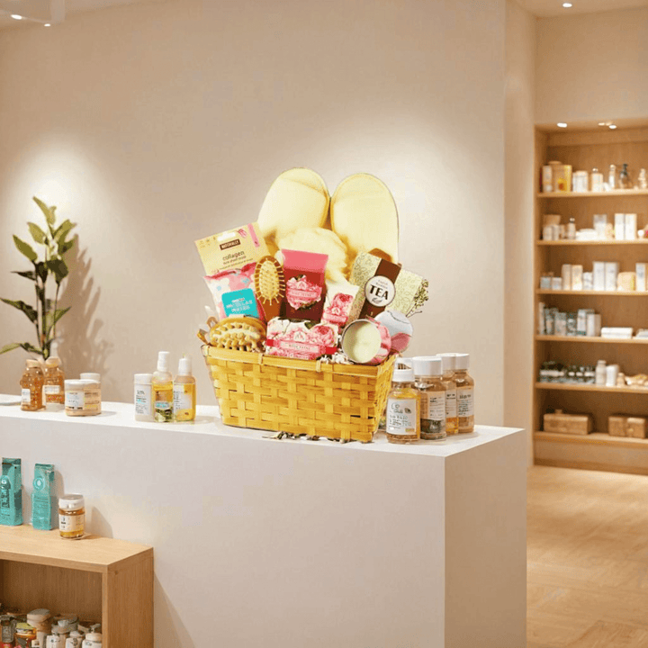 Serene Escape Spa Gift Basket filled with relaxing goodies like teas, bath gels, and slippers, displayed elegantly.