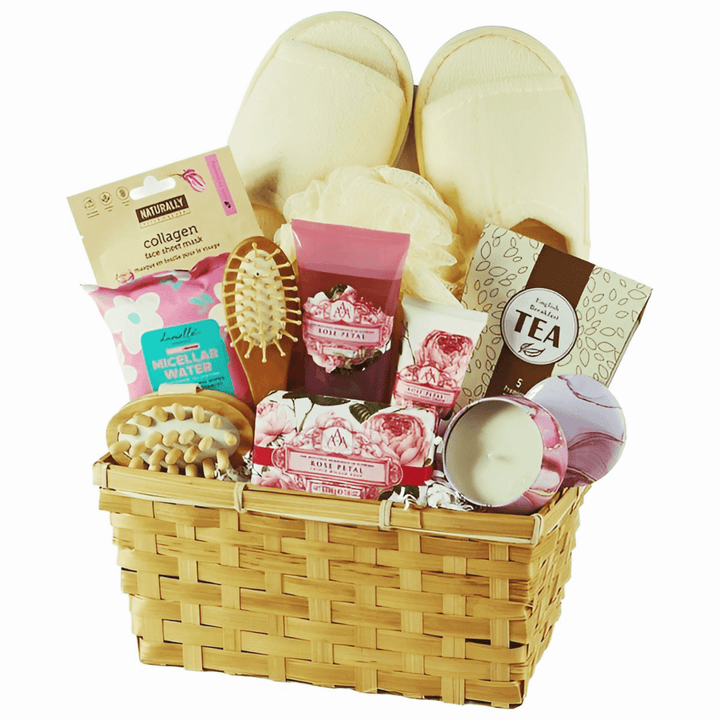 Serene Escape Spa Gift Basket with bath slippers, skincare products, and relaxing tea.