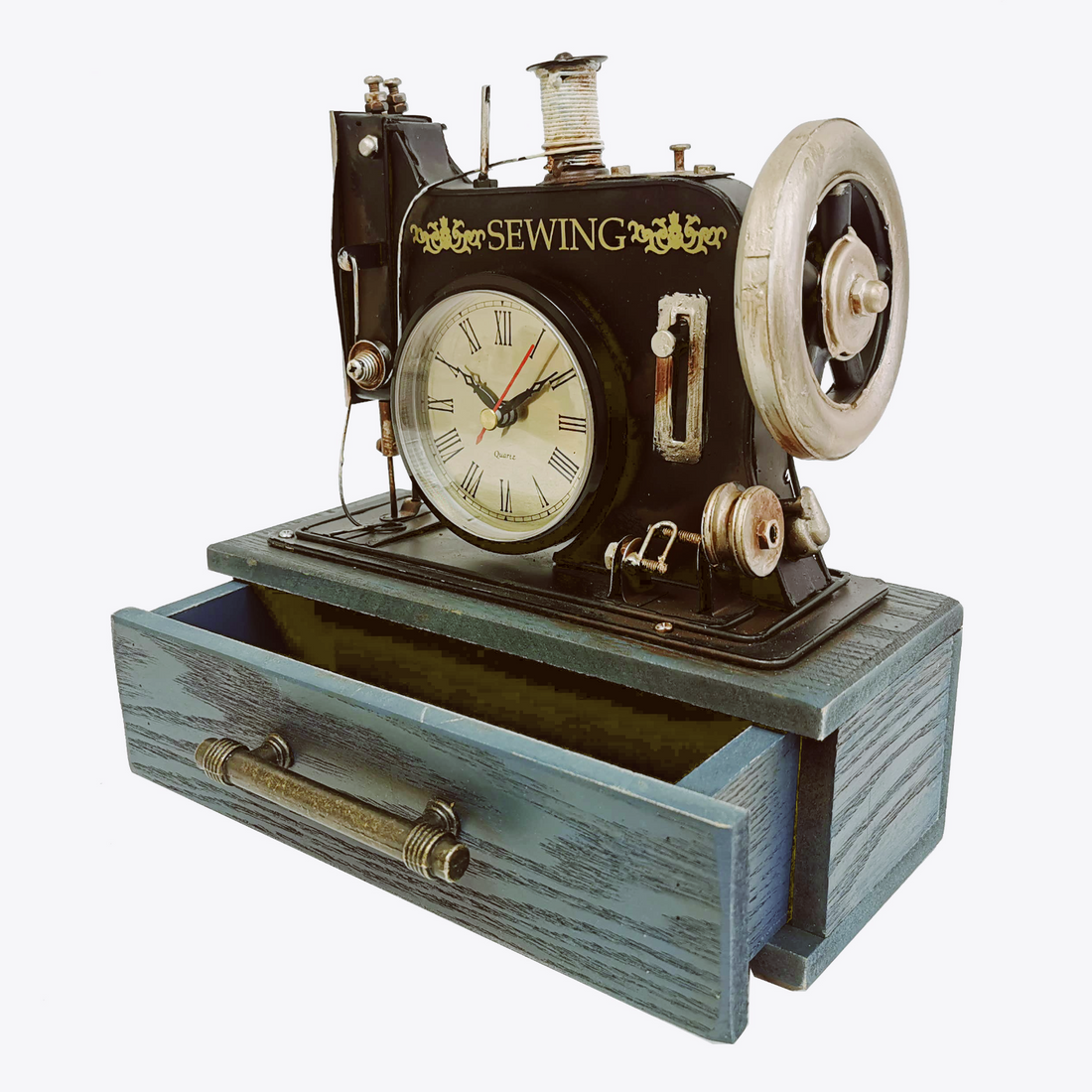 Vintage-style sewing machine clock with a drawer on a white background