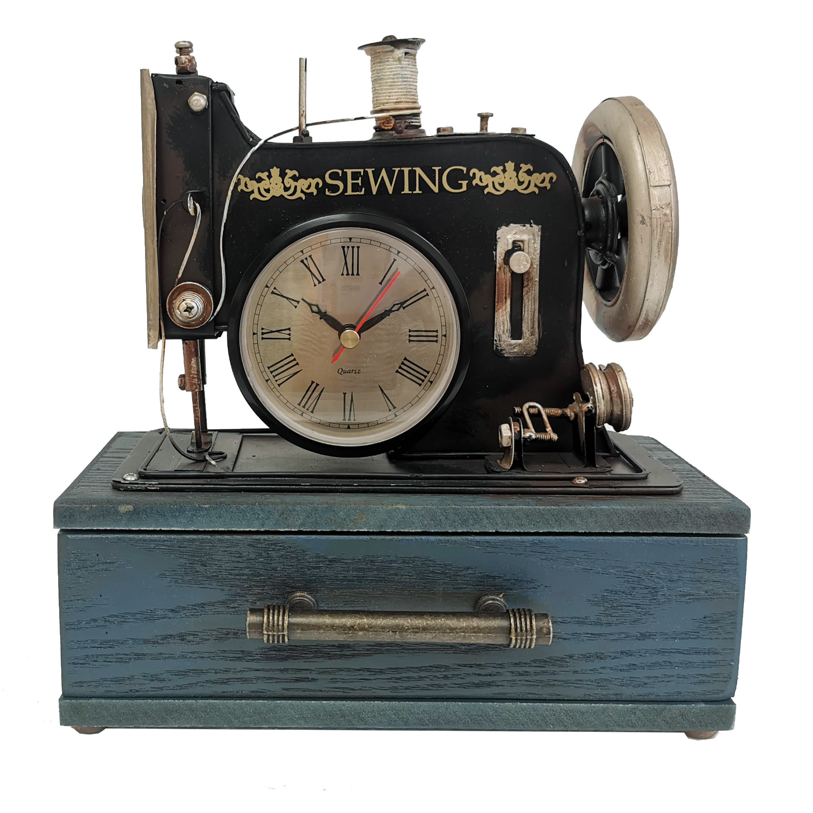 Vintage-style sewing machine clock with wooden base on a white background