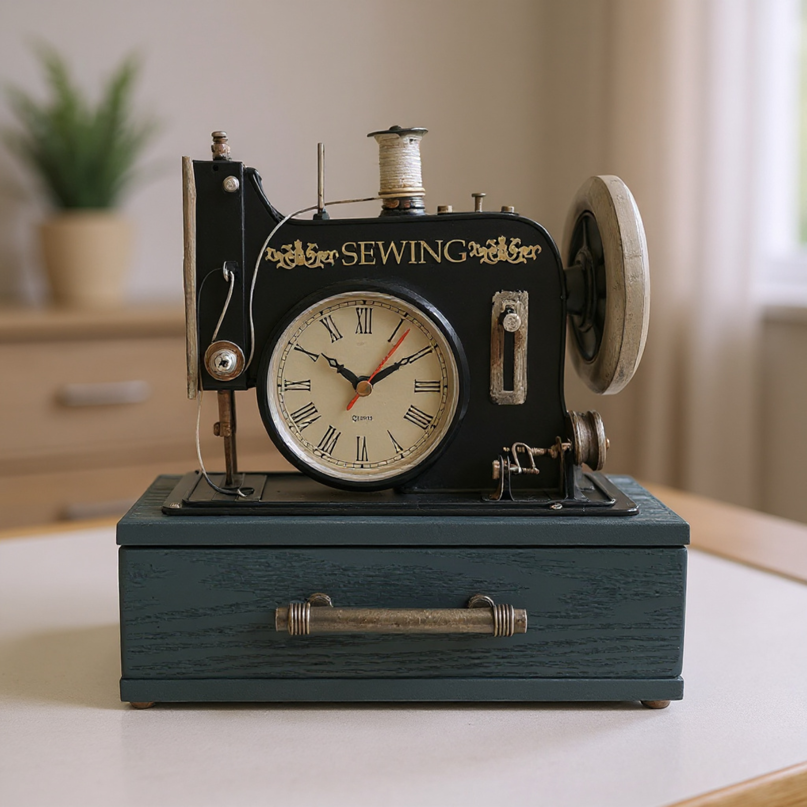 Decorative sewing machine clock on a wooden base with a plant in the background.