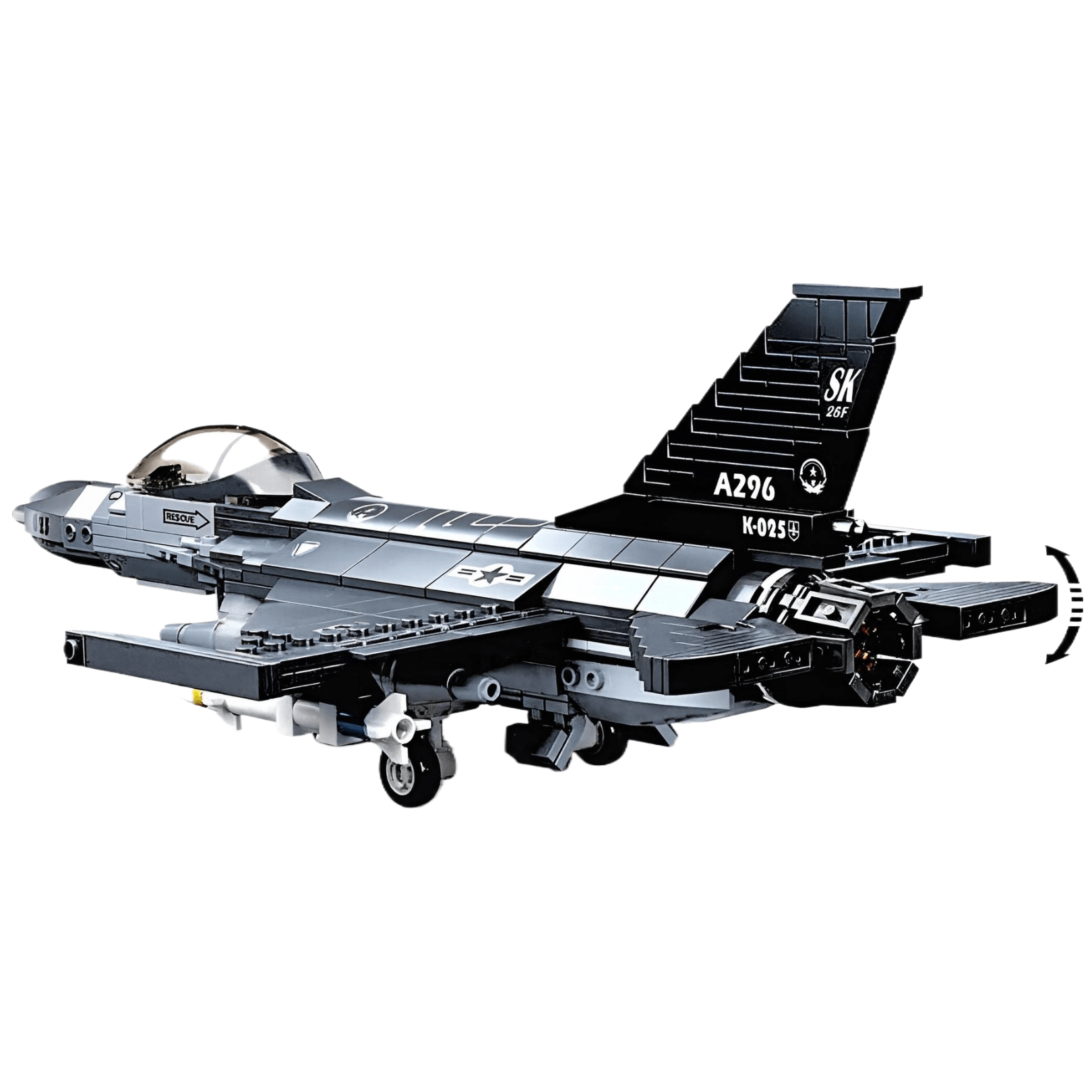 Sluban - F-16C Falcon Fighter Jet Building Set showcasing a detailed grey model with missiles and pilot mini-figure.