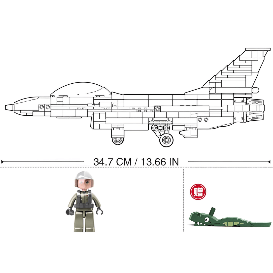 Sluban - F-16C Falcon Fighter Jet Building Set showcasing detailed construction, pilot mini-figure, and dimensions.