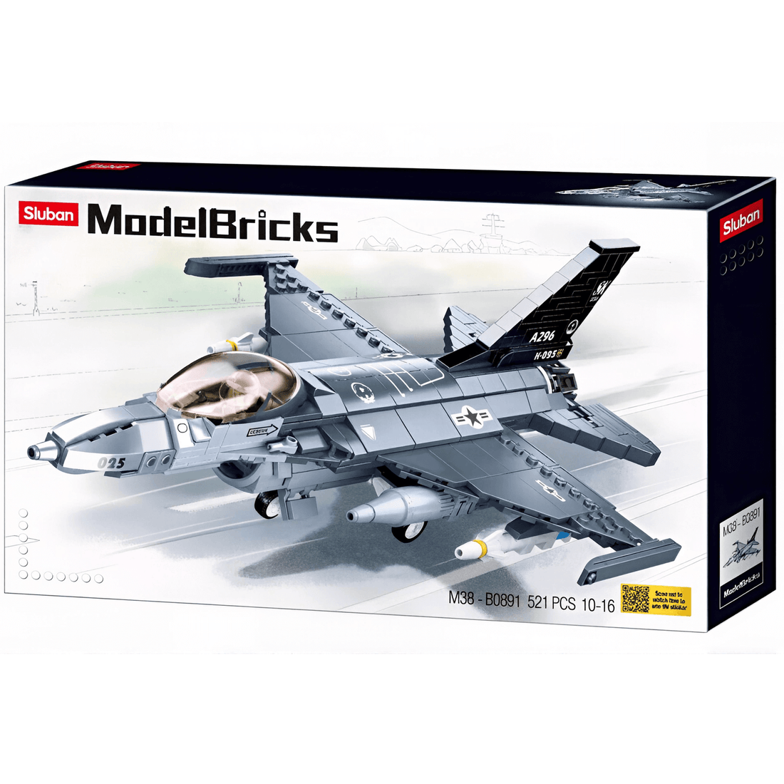 Sluban - F-16C Falcon Fighter Jet Building Set packaging featuring a detailed fighter jet model and mini-figure.