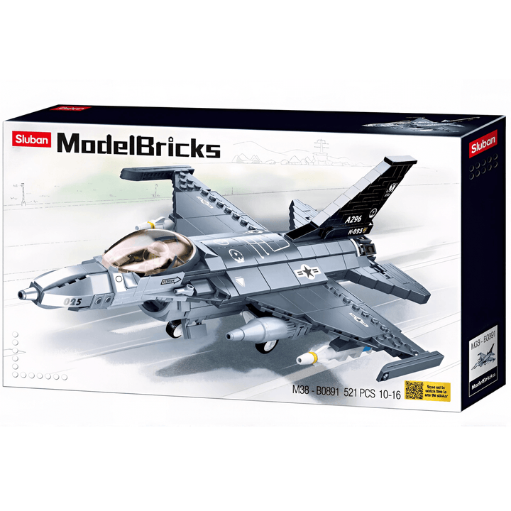 Sluban - F-16C Falcon Fighter Jet Building Set packaging featuring a detailed fighter jet model and mini-figure.