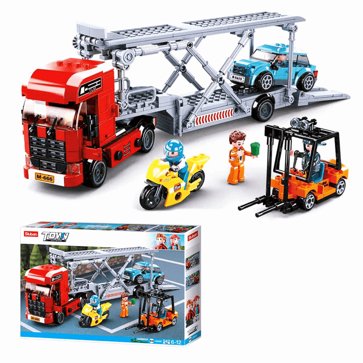 Sluban Car Carrier Truck and Trailer Set with vehicles, mini-figures, and construction details.
