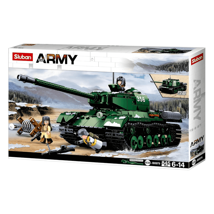 Sluban IS2 Heavy Battle Tank WW2 building set with mini-figures and field cannon, 930 pieces.