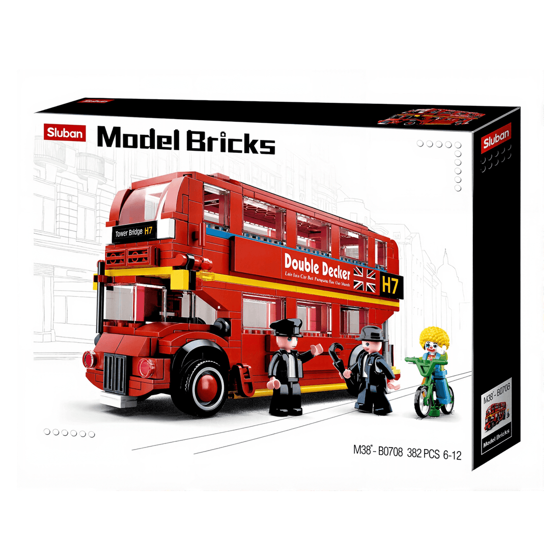 Sluban London - Double Decker City Bus set with 382 pieces and mini-figures in vibrant packaging, ideal for imaginative play.
