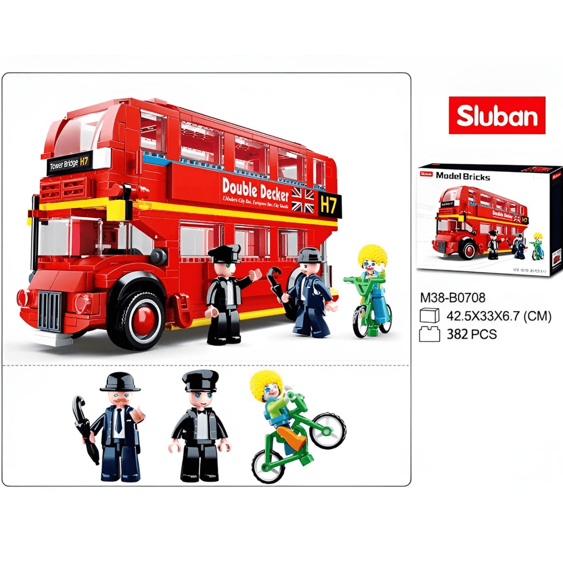 Sluban London - Double Decker City Bus set featuring vibrant red bus and mini-figures for imaginative play.