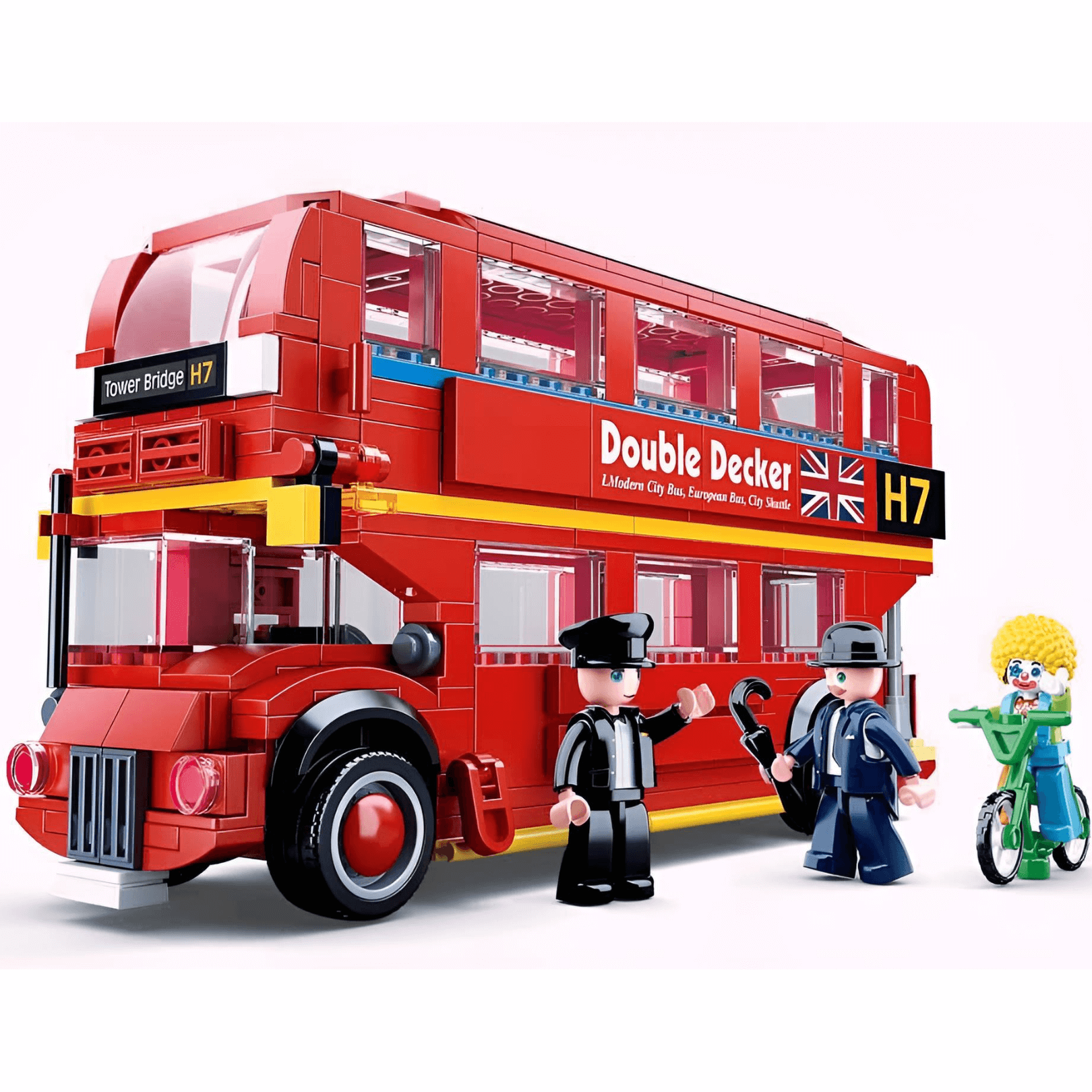Sluban London - Double Decker City Bus set featuring vibrant red bus and mini-figures for imaginative play.