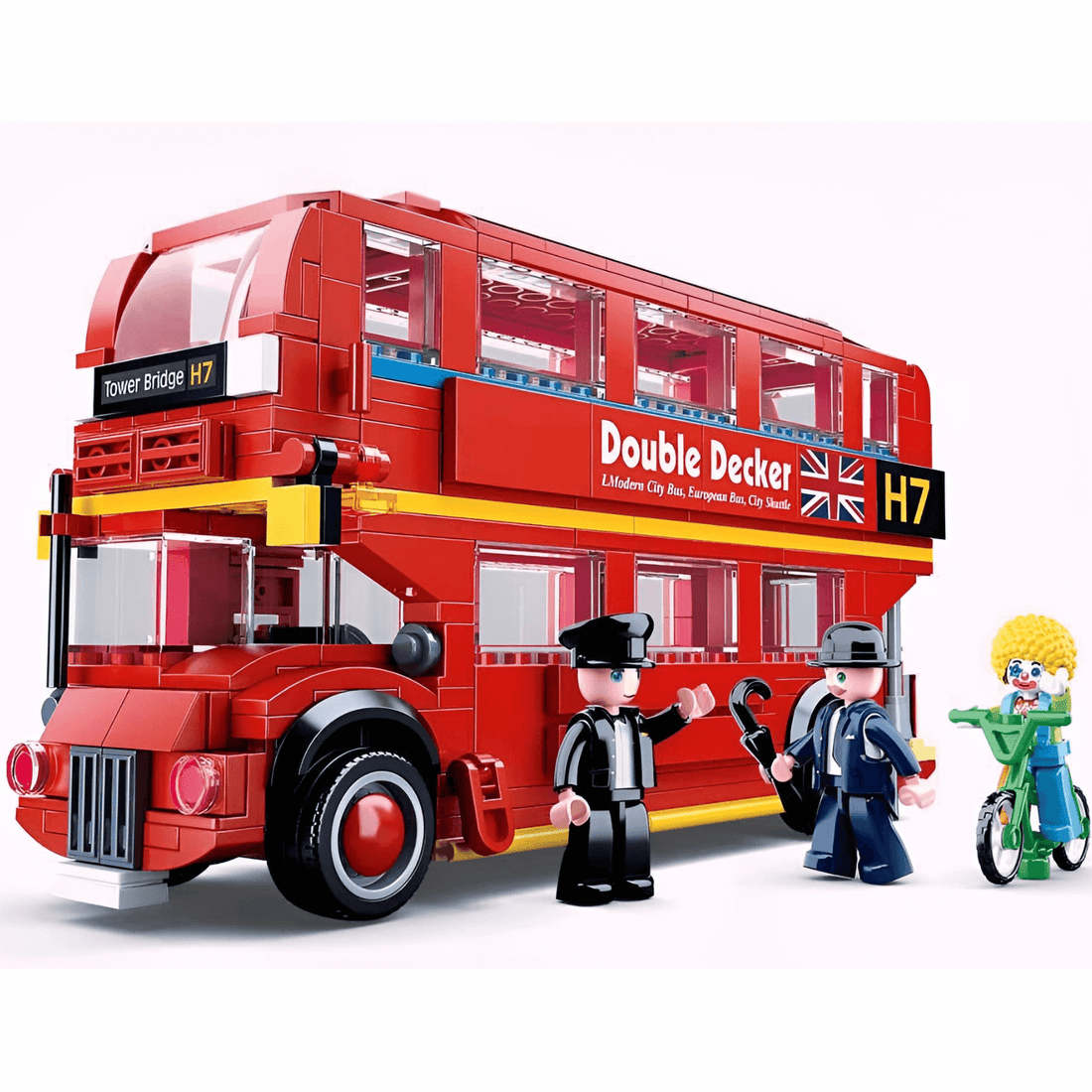 Sluban London - Double Decker City Bus set featuring vibrant red bus and mini-figures for imaginative play.