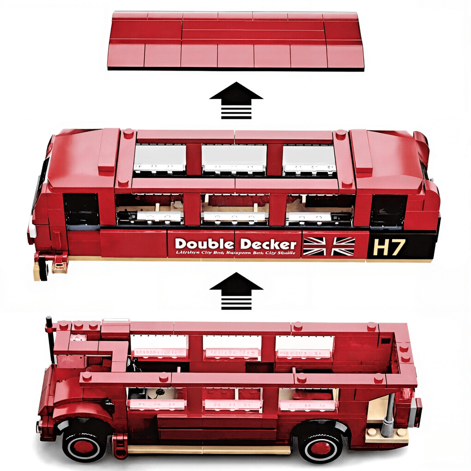 Sluban London - Double Decker City Bus set showing detailed top view and side view with removable roof.