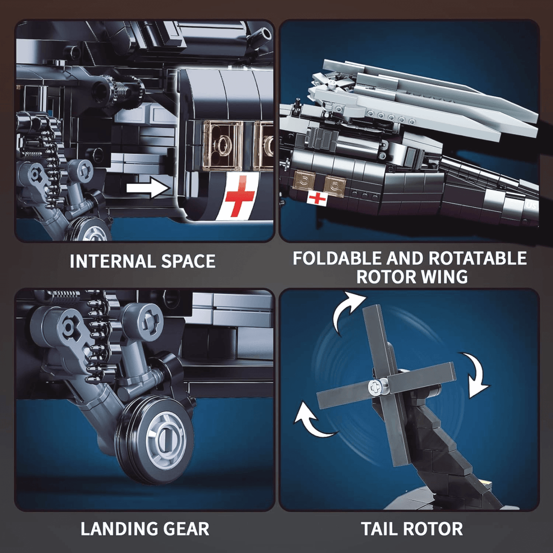 Detailed assemblies of the Sluban UH-60 Black Hawk Military Helicopter including internal space, rotor wings, and landing gear.