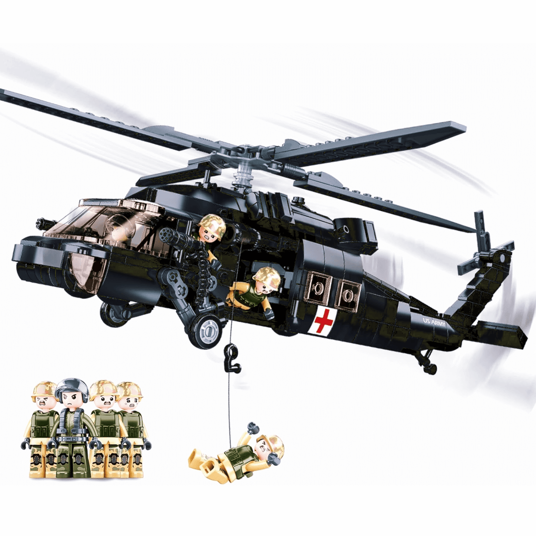 Sluban UH-60 Black Hawk Military Helicopter building set with mini-figures and accessories in action.