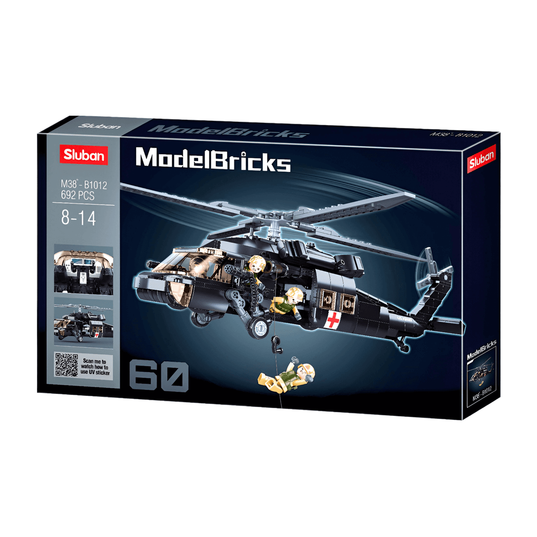 Sluban UH-60 Black Hawk Military Helicopter Building Set packaging featuring mini-figures and helicopter model.