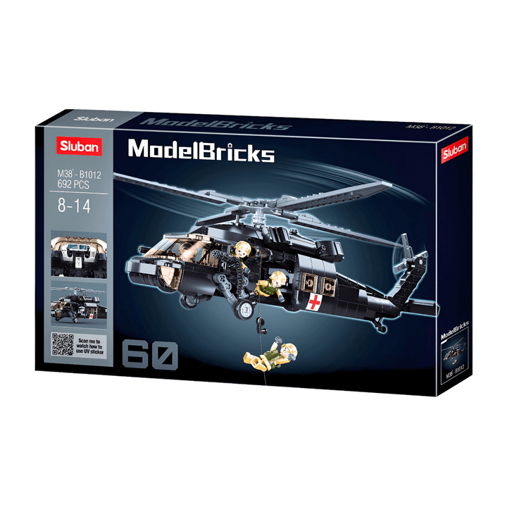 Sluban UH-60 Black Hawk Military Helicopter Building Set packaging featuring mini-figures and helicopter model.