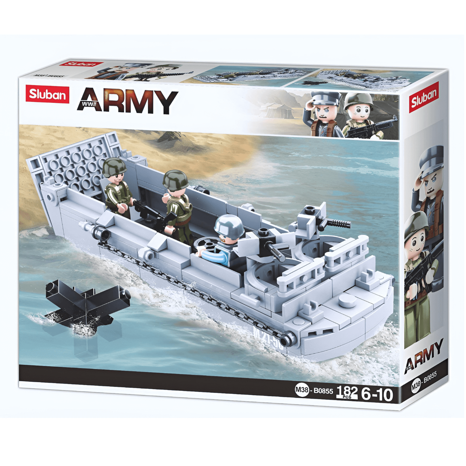 Sluban WW2 Higgins Landing Craft Building Set – 182 Pcs box featuring mini-figures and military boat.