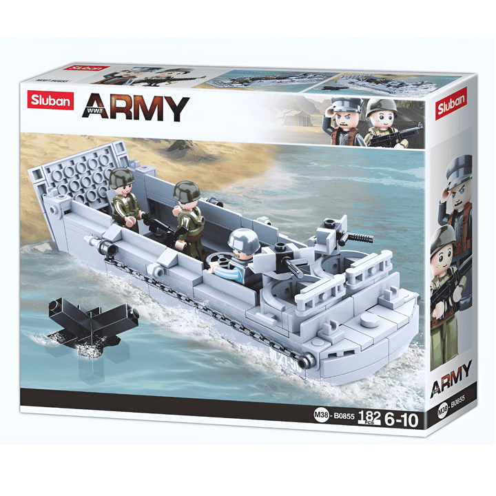 Sluban WW2 Higgins Landing Craft Building Set – 182 Pcs box featuring mini-figures and military boat.