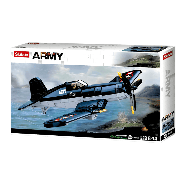 Sluban WWII F-4U Fighter Plane Building Set box art featuring the iconic aircraft design.