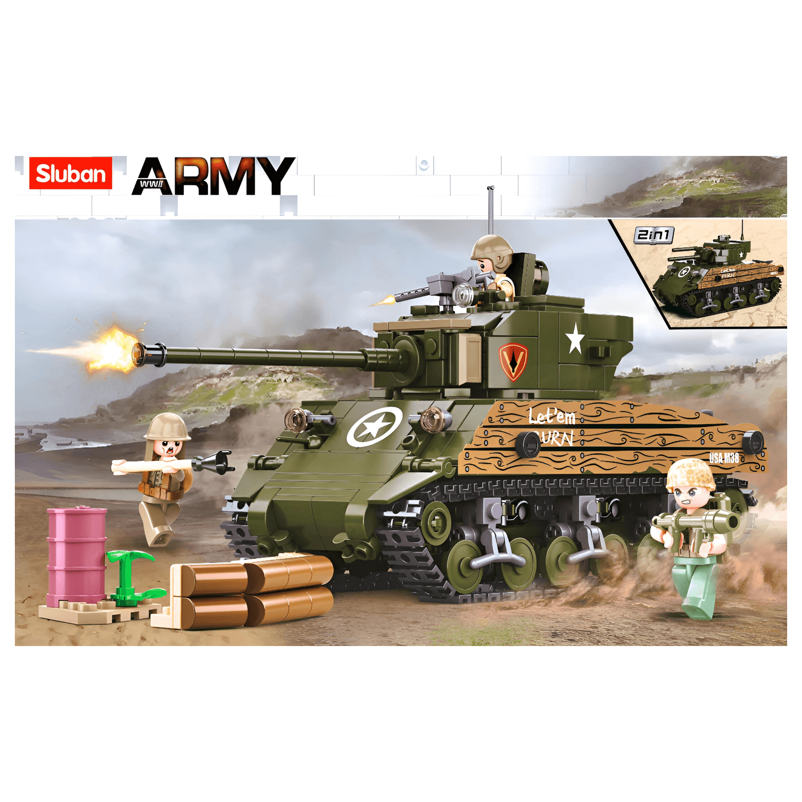 Sluban WWII Sherman M4A3 Tank Building Set featuring detailed tank model and figures in action.