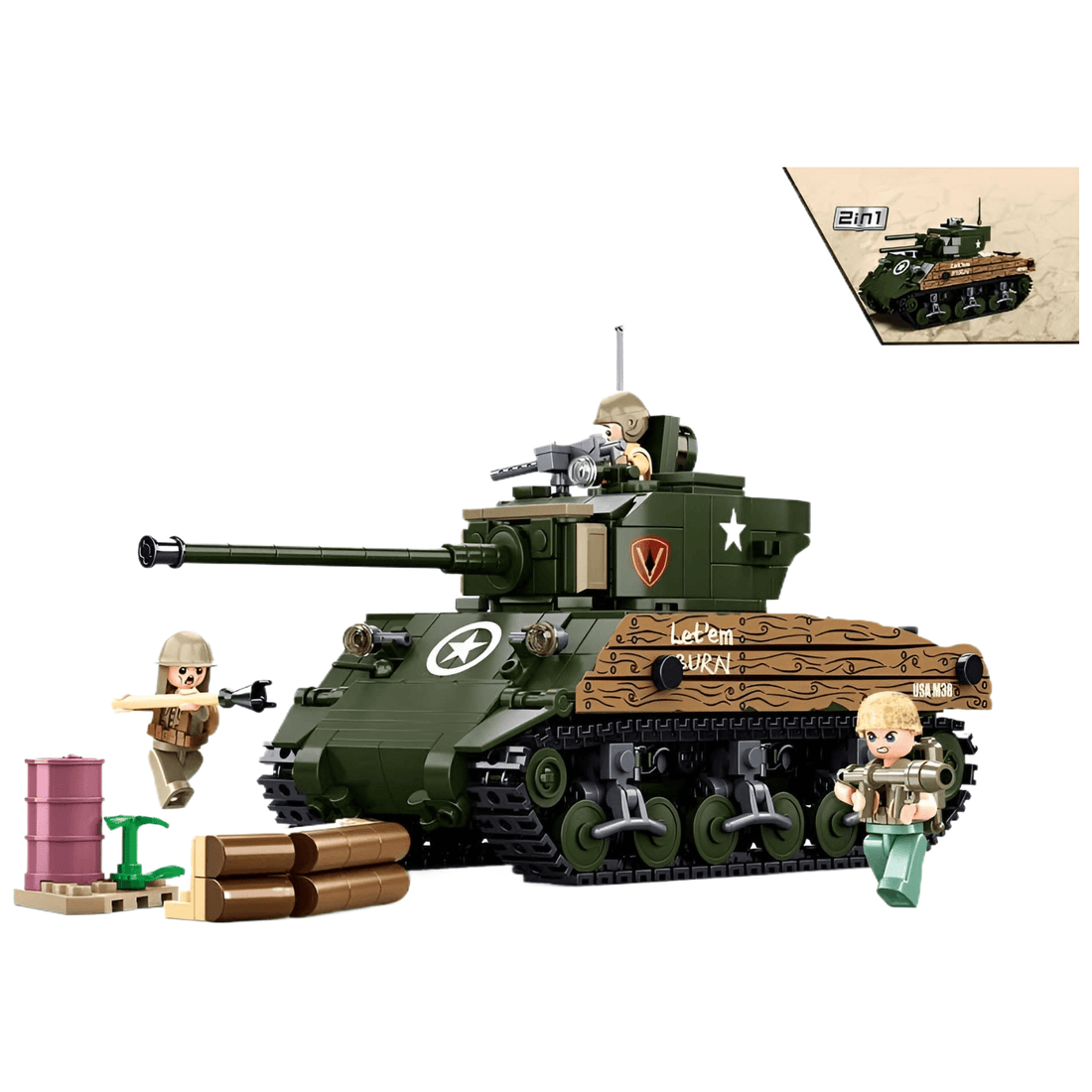 Sluban WWII Sherman M4A3 Tank Building Set with soldiers and accessories in a detailed construction kit.